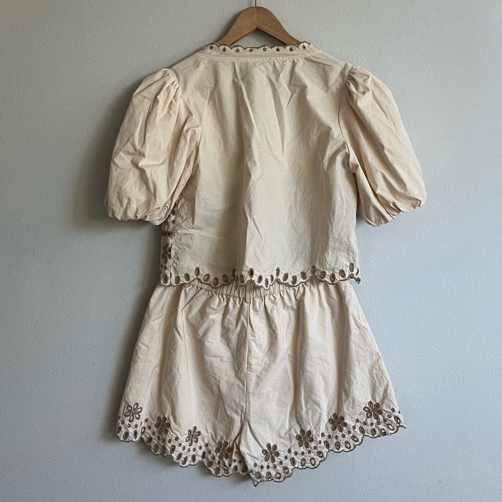 Moon River Eyelet Detail Set: Puff Sleeve Front Tie Top and Shorts in Ivory - Picture 3 of 8